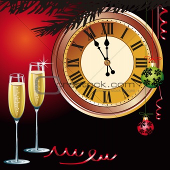 Waiting the New Year with champagne and clock