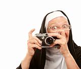 Nun with old camera