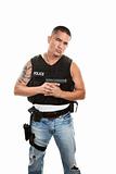 Hispanic Cop Holding Gun