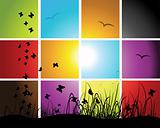 Times of day, sunset on meadow, mosaic background for your design