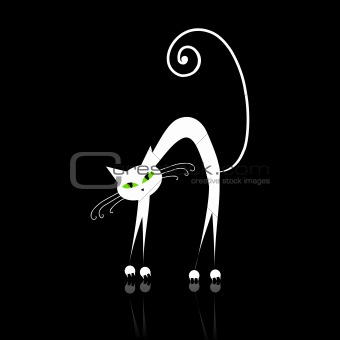 White cat with green eyes on black