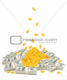 golden coins dropping down on pile of dollar packs