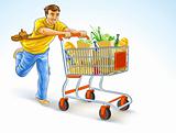 running man with shopping cart full of products