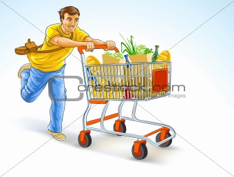running man with shopping cart full of products