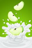 green apples falling into the milk with splash