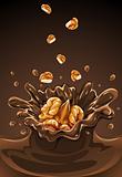 walnut fruit falling into the chocolate with splash
