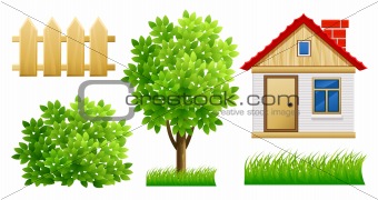 elements of green garden with house and fence