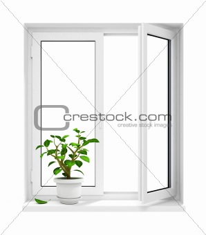 open plastic window with flowerpot on windowsill