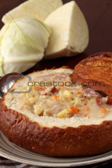 Cabbage soup in a bread bowl