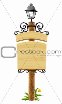 wooden post with signboard, lantern and forged decoration