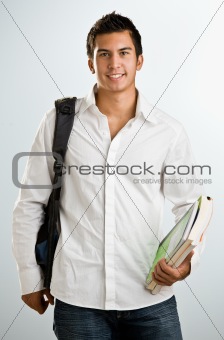 Man with backpack and schoolbooks