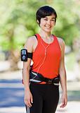 Woman wearing hip pack and mp3 player