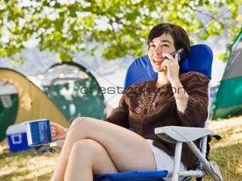 Camper talking on cell phone