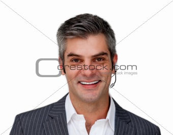 Smiling mature businessman with headset on 