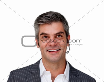 Confident businessman with headset on