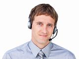 Confident businessmnan with headset on 