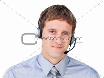 Confident businessmnan with headset on 