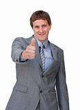 Cheerful businessman with a thumb up in the office