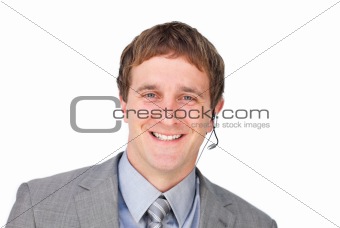 Self-assured customer service agent with headset on 