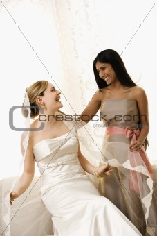 Bridesmaid holding bride's veil.