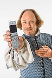 Shakespeare holding cell phone.