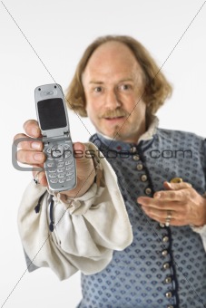Shakespeare holding cell phone.