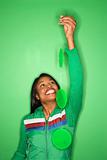 African-American woman  holding green mobile.