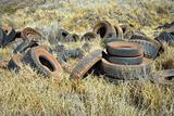 Old abandoned tires in field.