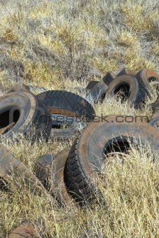 Old abandoned tires in field.