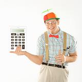 Young man holding large calculator.