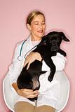 Veterinarian with black puppy.
