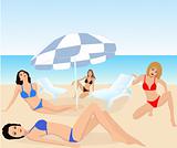 Attractive girls on exotic beach - vector illustration