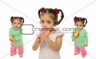 Toddler holding a lollipop with different expressions