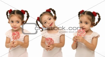 Toddler holding a lollipop with different expressions