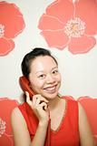 Young Woman With Phone By Red Poppy Background