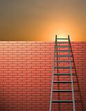 Ladder leans on wall with sky