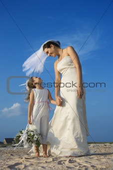 Bride and Flower Girl on Beach