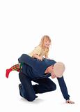 boy with long blond hair riding on fathers back - isolated on white