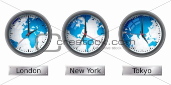 World map time zone clocks