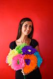 Young Woman Holding Paper Flowers. Isolated
