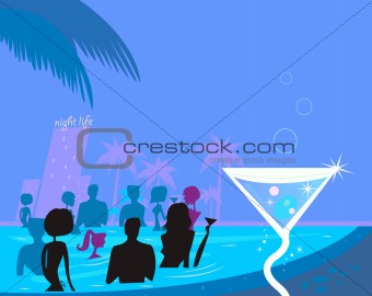 Water party night: People in pool & fresh Martini drink