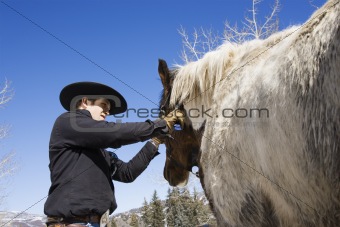 Attractive Young Man Grooming Horse