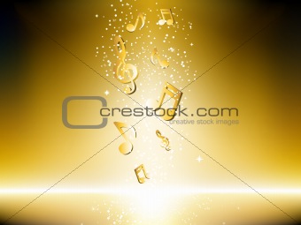 Golden background with music notes and stars.