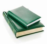 green books in the leather binding