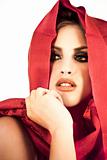 Attractive Young Woman Wearing a Red Shawl.