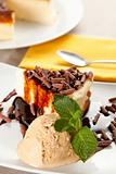 cheesecake  with ice cream and chocolate