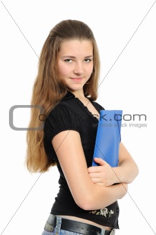 Young woman in business attire holding a planner/daytimer. Isolated on white.