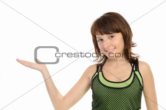 Portrait of the beautiful young girl stretching its hand, representing something.