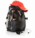 black backpack with red cap and glasses