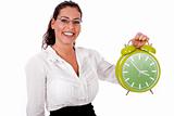 Young business woman showing a green colour clock